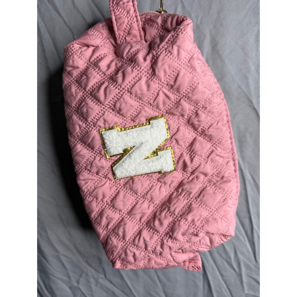 Yoolife Pink Quilted Makeup Bag Chenille Letter N Patch Cosmetic Pouch NWT